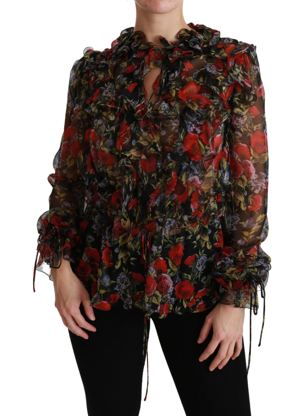 Blouse en soie noire avec motifs floraux de roses Dolce & Gabbana, style élégant et féminin.