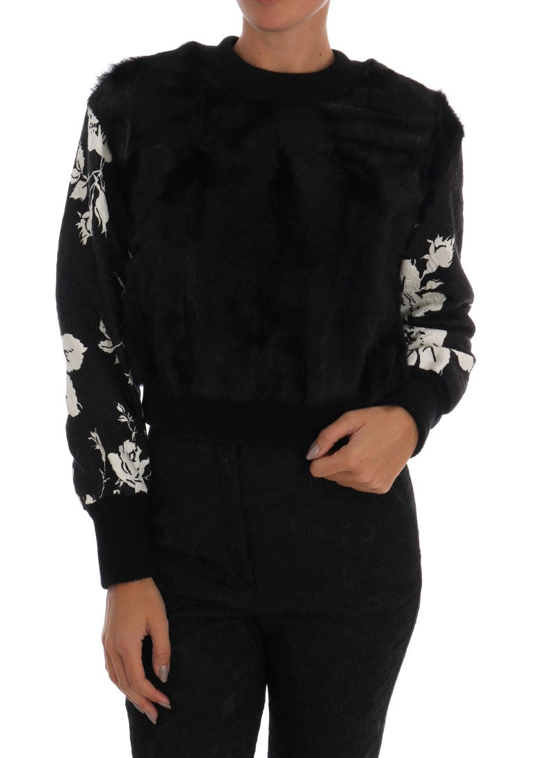 Pull Dolce & Gabbana en brocart floral noir avec fermeture éclair, en fourrure élégante, pour un style sophistiqué et chic.