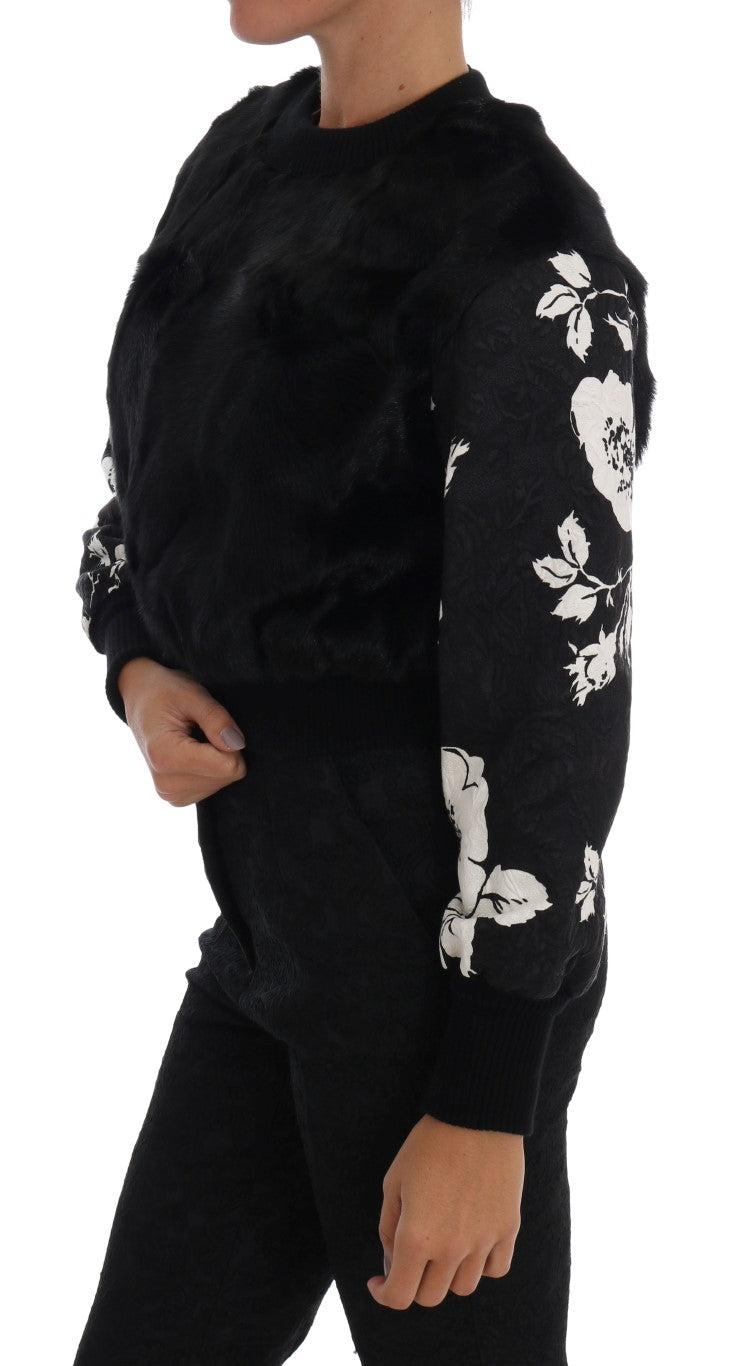 Pull Dolce & Gabbana en brocart noir avec fleurs en fourrure et fermeture éclair, élégant et texturé.