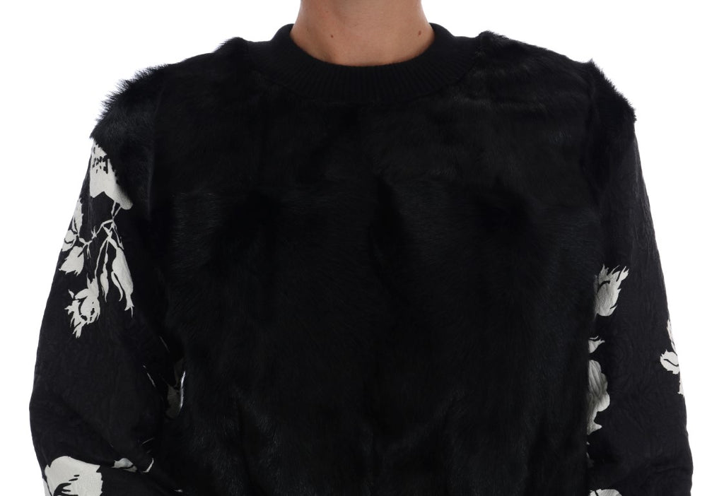 Sweater noir Dolce & Gabbana en brocart florale avec fermeture éclair et détails en fourrure.