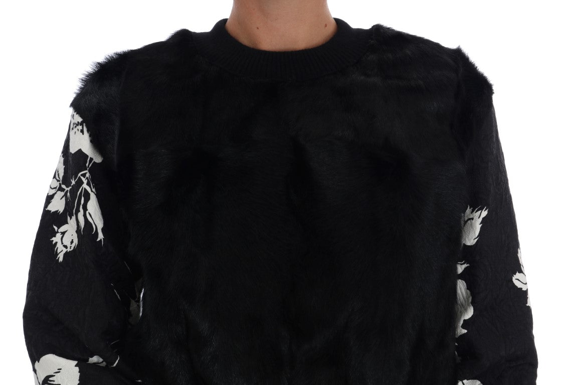 Sweater noir Dolce & Gabbana en brocart florale avec fermeture éclair et détails en fourrure.