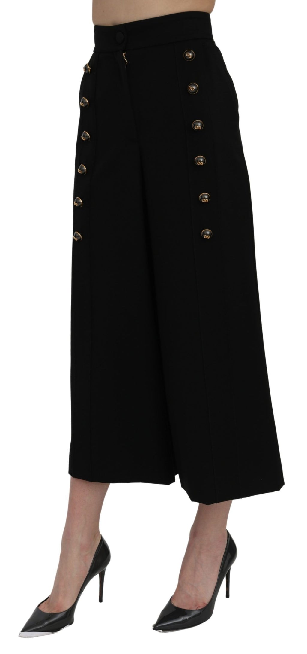 Pantalons noirs Dolce & Gabbana à taille haute, coupe large et raccourcie, en tissu léger, mode élégante et moderne.