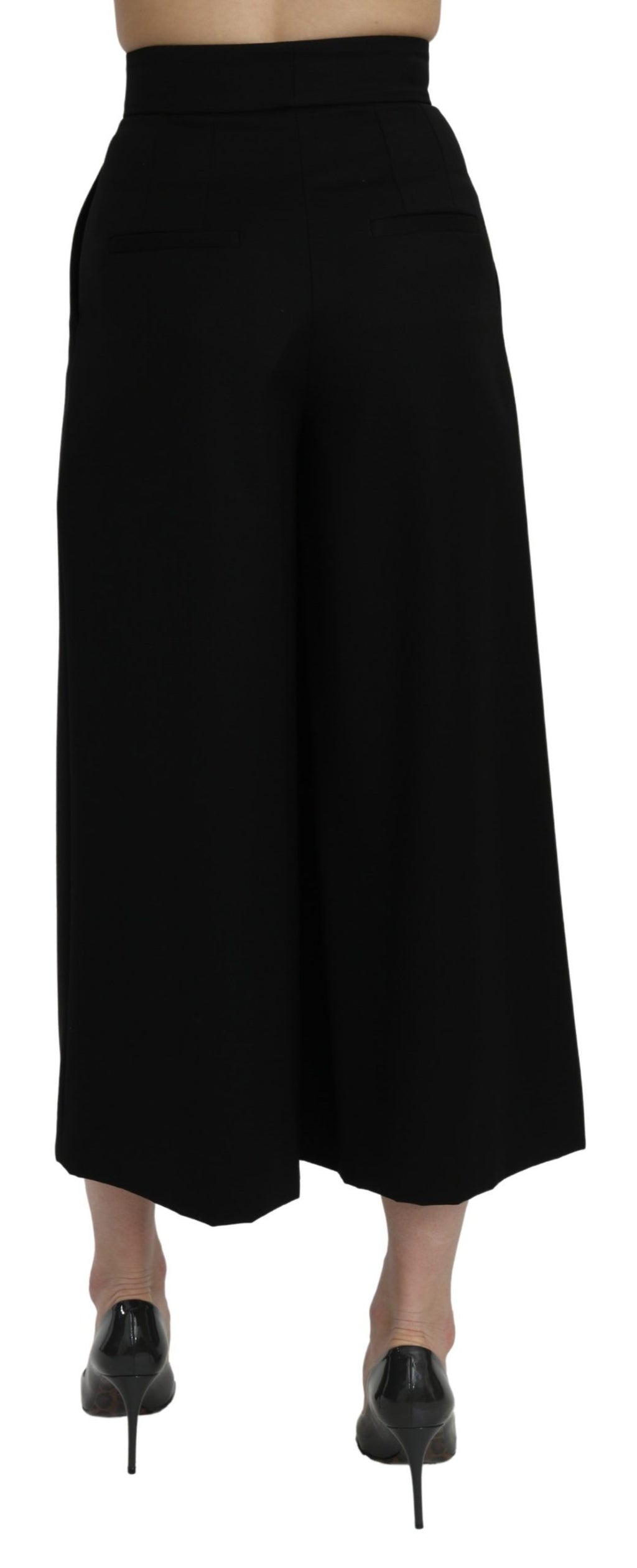 Pantalon noir taille haute à jambes larges et raccourcies de Dolce & Gabbana, style élégant et moderne.