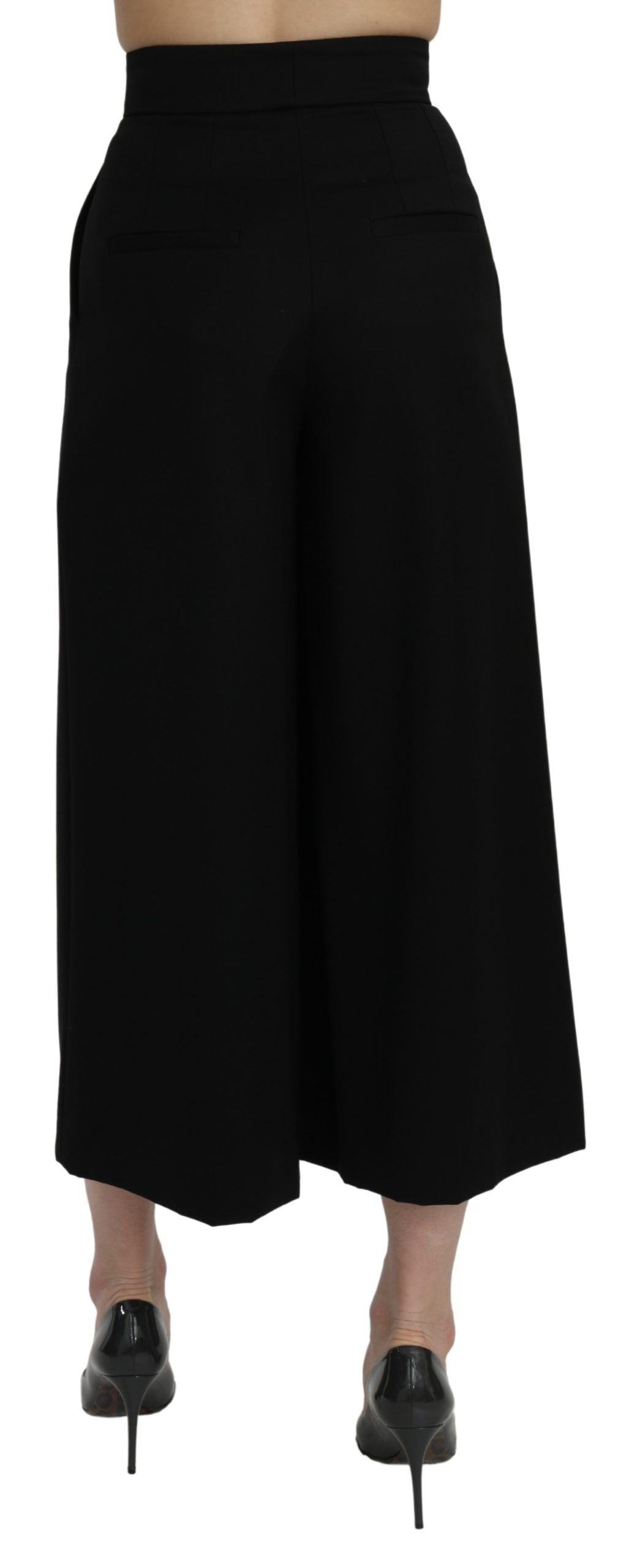 Pantalon noir taille haute à jambes larges et raccourcies de Dolce & Gabbana, style élégant et moderne.