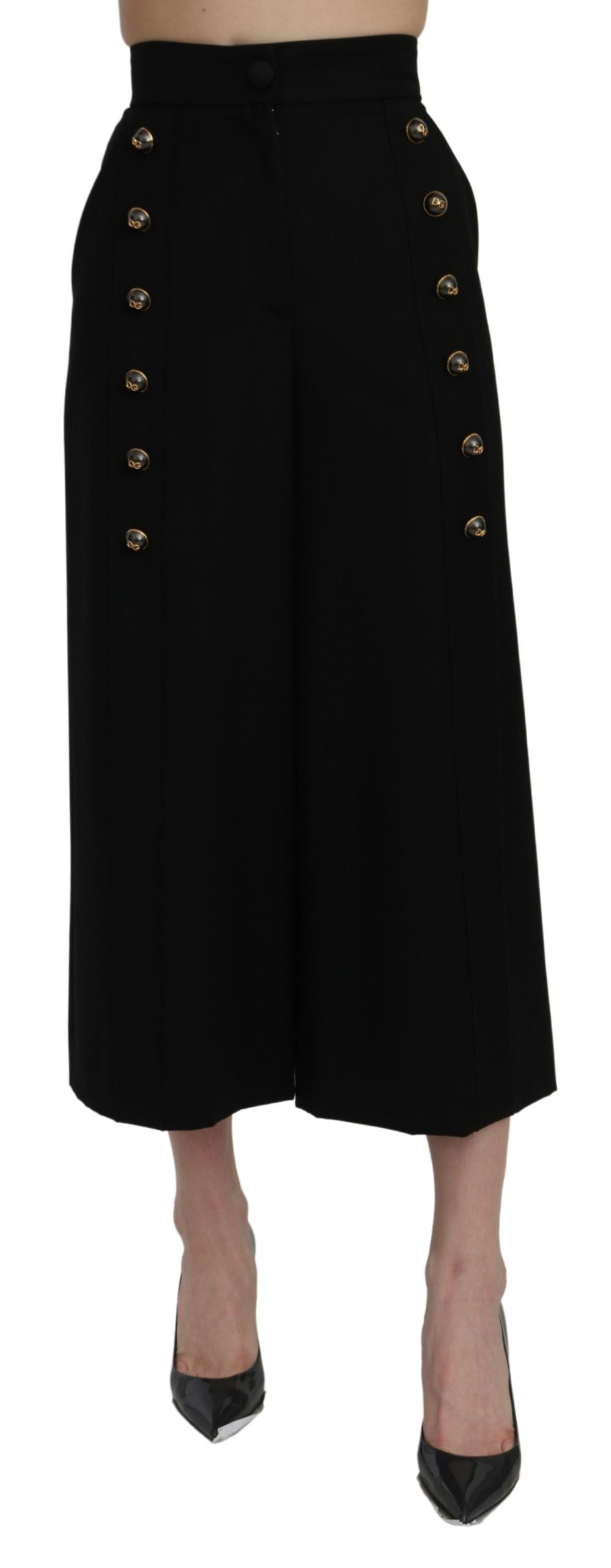 Pantalons cropped noirs à taille haute et jambes larges de Dolce & Gabbana, vue de face.