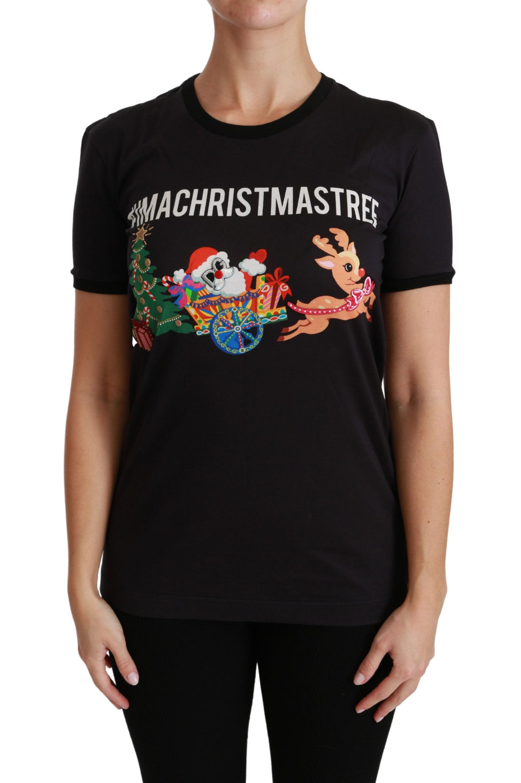 T-shirt noir Dolce & Gabbana #ImAChristmasTree à col rond, design graphique, porté ou posé sur fond blanc.