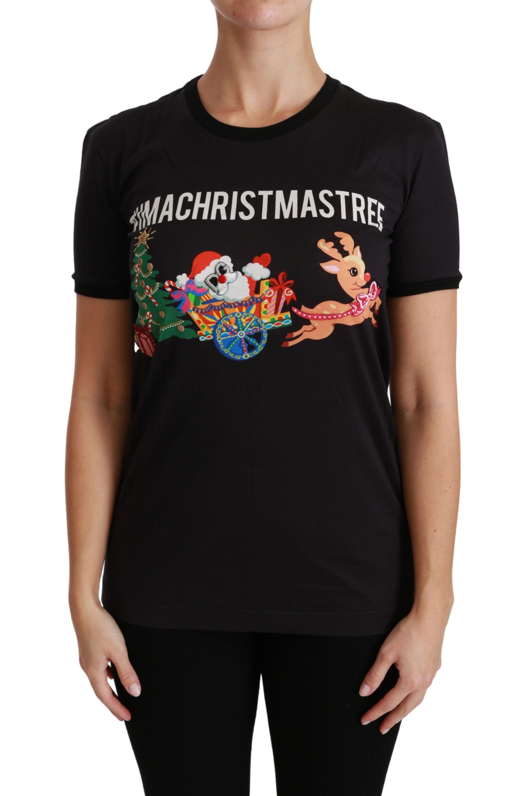 T-shirt noir Dolce & Gabbana #ImAChristmasTree à col rond, design graphique, porté ou posé sur fond blanc.
