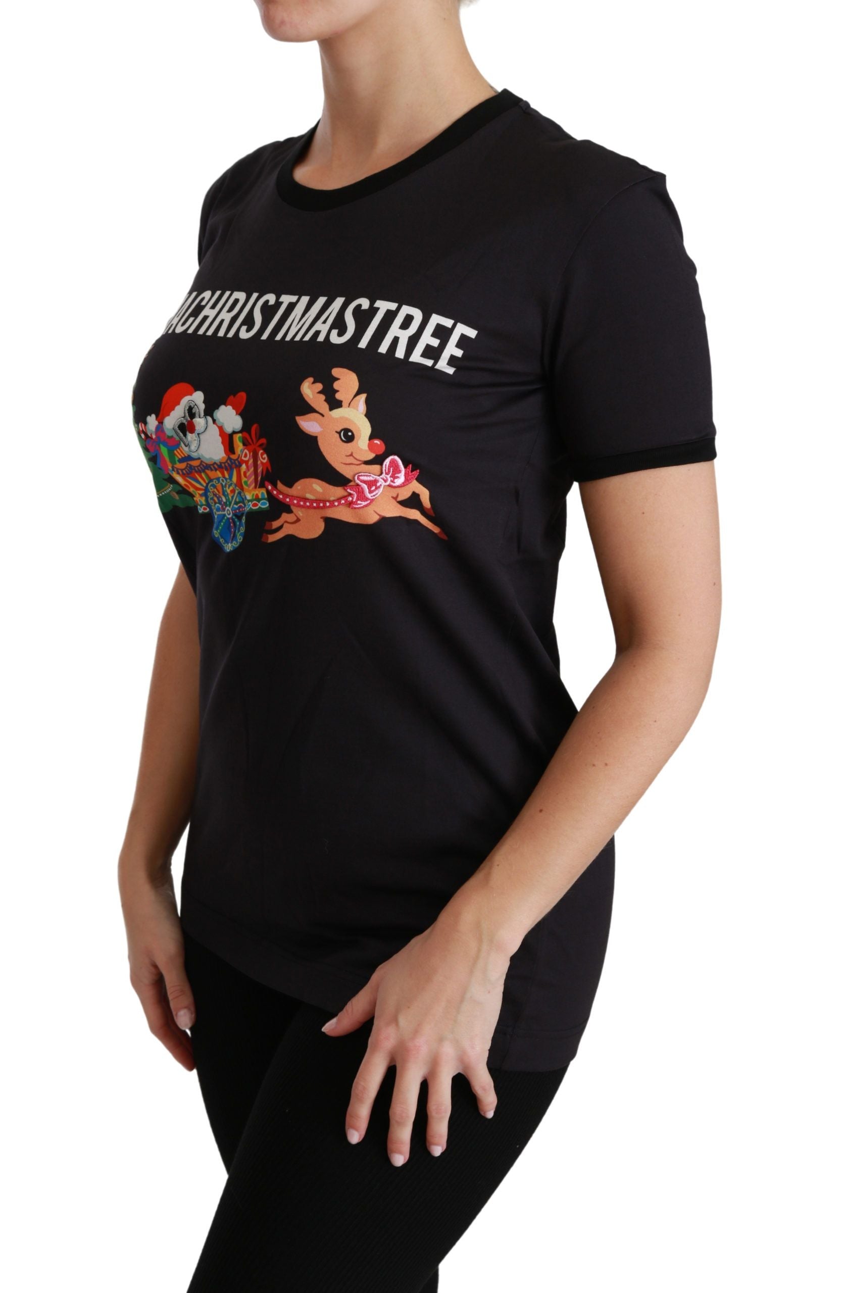 T-shirt noir Dolce & Gabbana #ImAChristmasTree à col rond avec motif de sapin de Noël, style casual élégant.