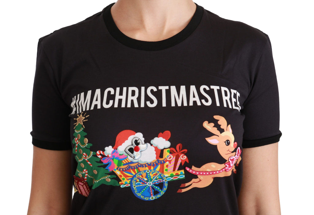 T-shirt noir Dolce & Gabbana #ImAChristmasTree à col rond, motif festif, en coton, porté sur un mannequin.