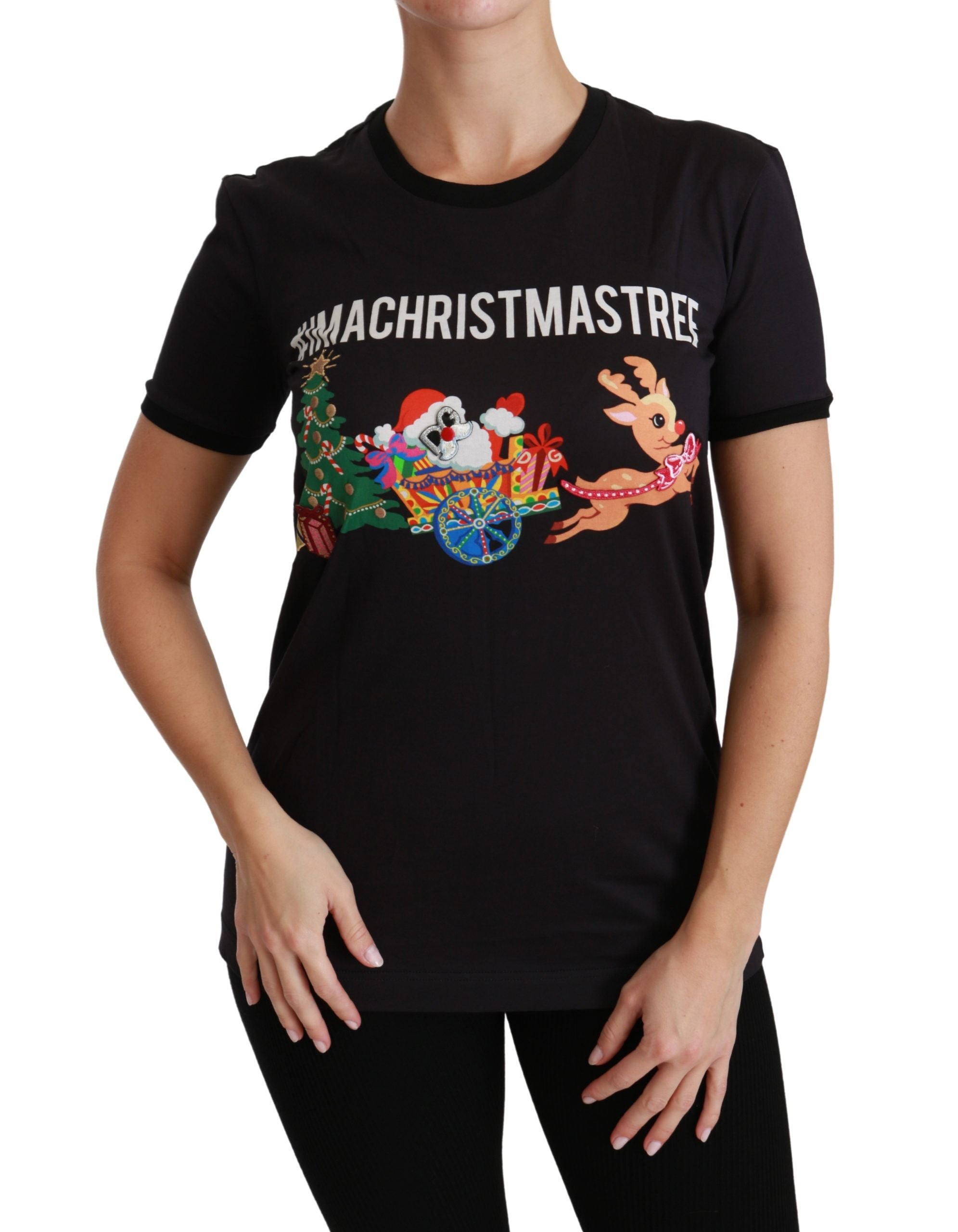 T-shirt noir Dolce & Gabbana #ImAChristmasTree avec col rond, design graphique festif, porté sur mannequin.