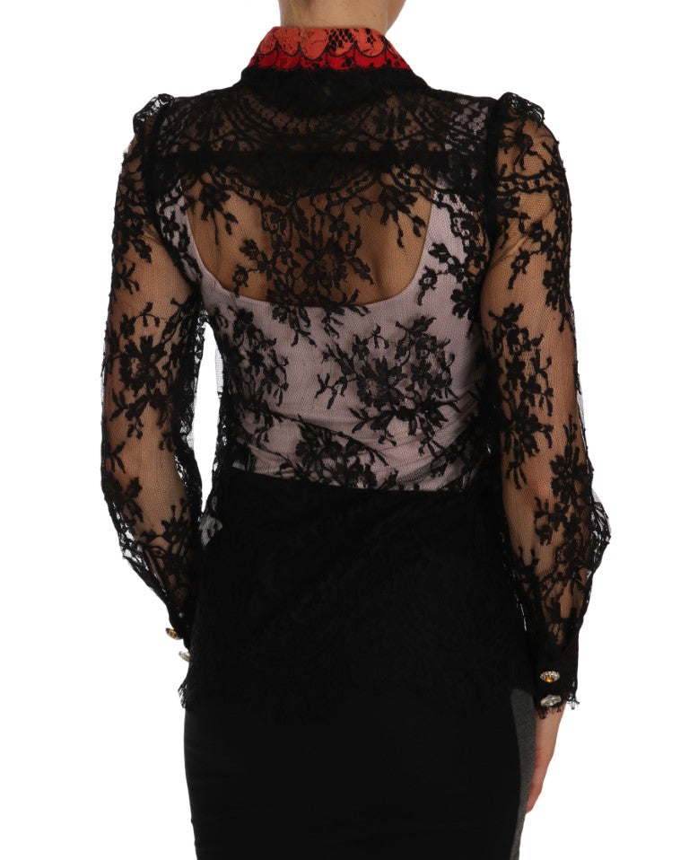 Chemise noire en dentelle avec cristaux Dolce & Gabbana, style Space, vue de face, détail des motifs élégants.