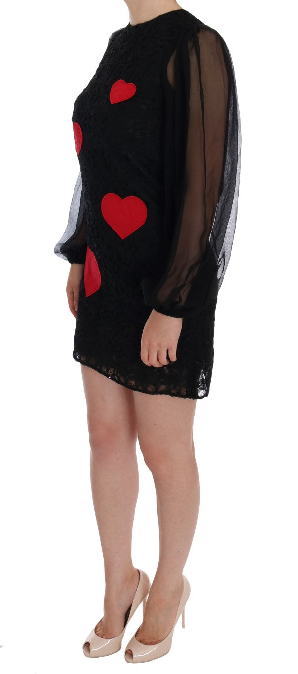 Robe Dolce & Gabbana noire en dentelle avec cœur rouge, robe trapèze élégante pour femmes.