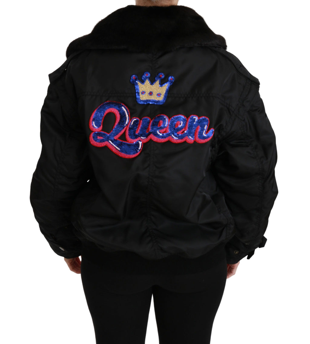 Veste bomber noire Dolce & Gabbana avec couronne de reine sequins, style élégant et luxueux, vue de face.