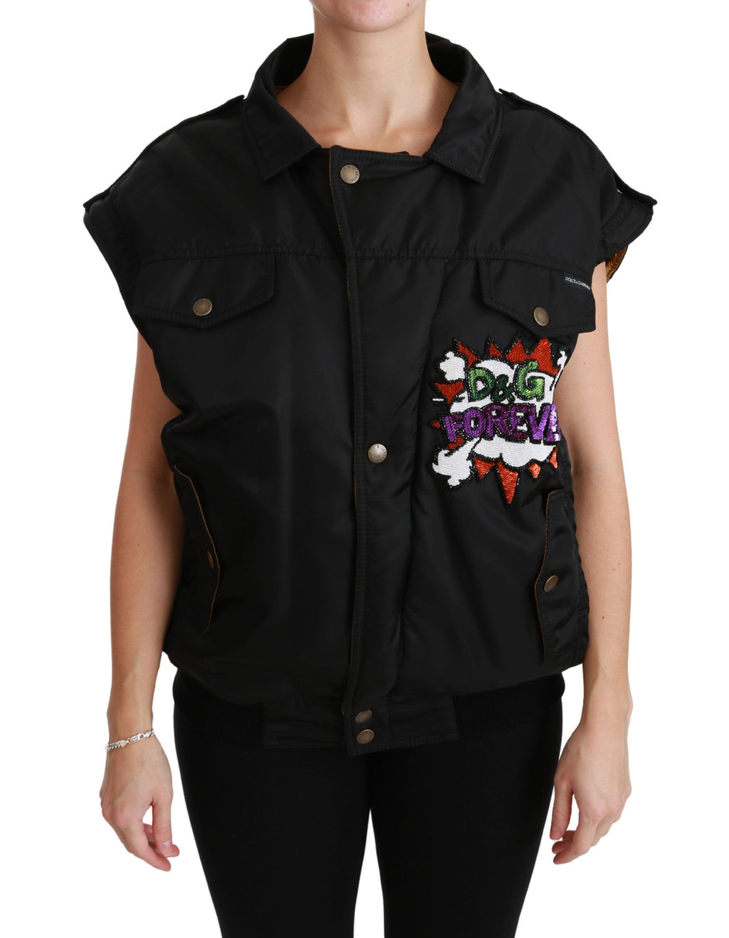 Veste bomber noire Dolce & Gabbana avec couronne de reine en sequins, style élégant et glamour.