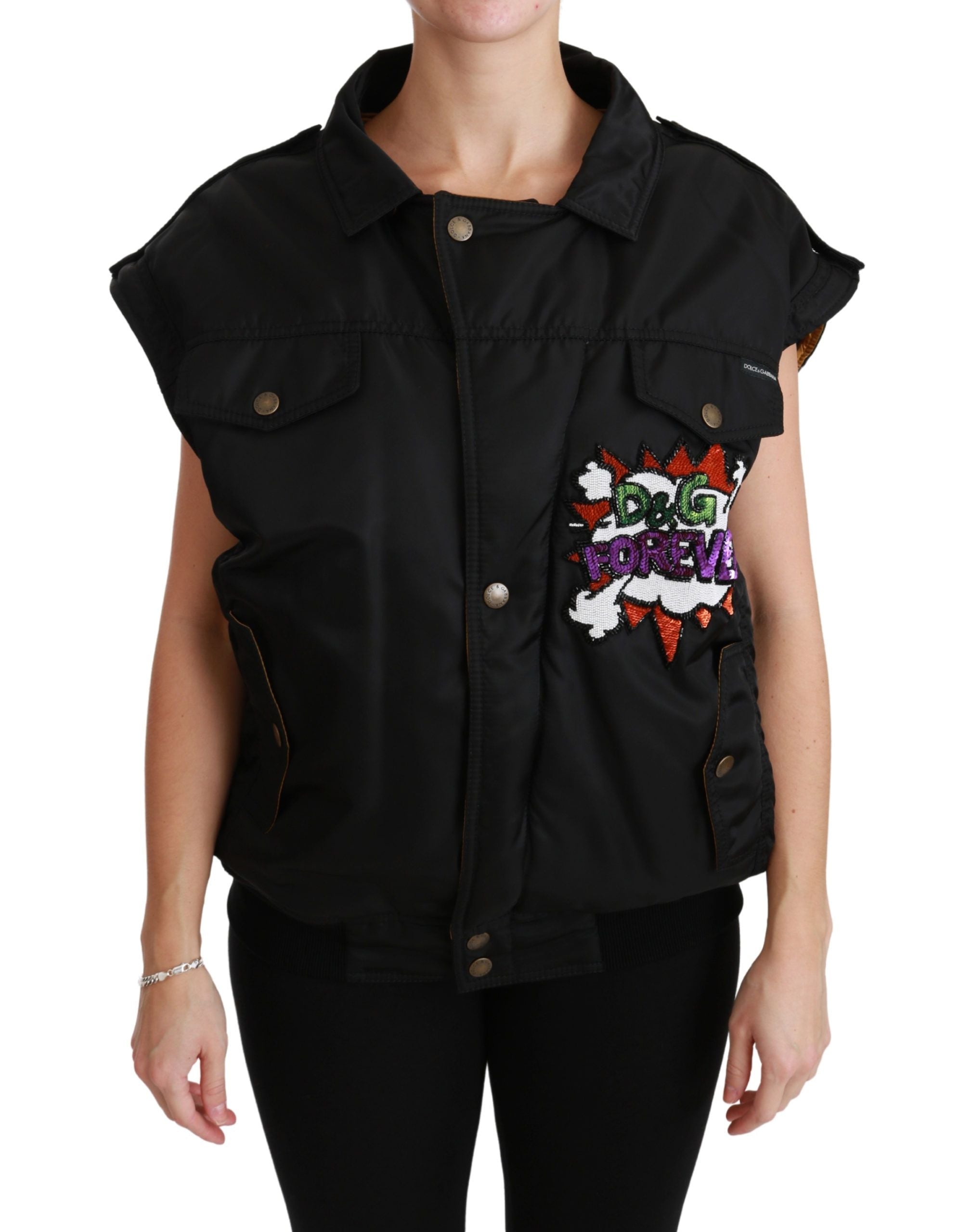 Veste bomber noire Dolce & Gabbana avec couronne de reine en sequins, style élégant et glamour.