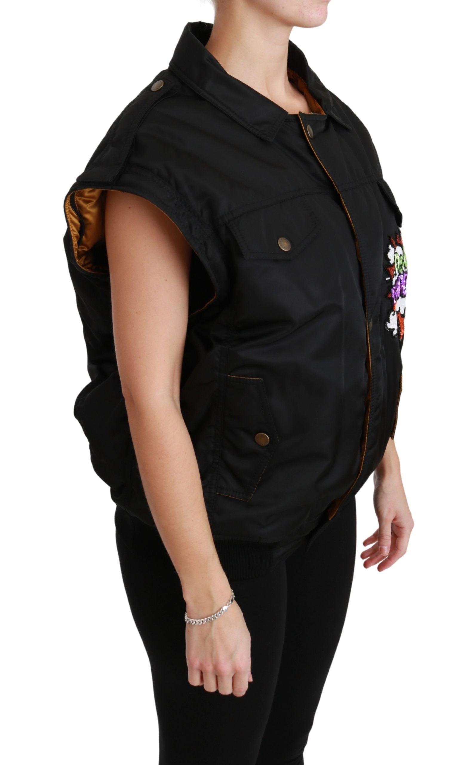 Veste bomber noire Dolce & Gabbana avec couronne de reine en sequins, style élégant et orné, vue de face.