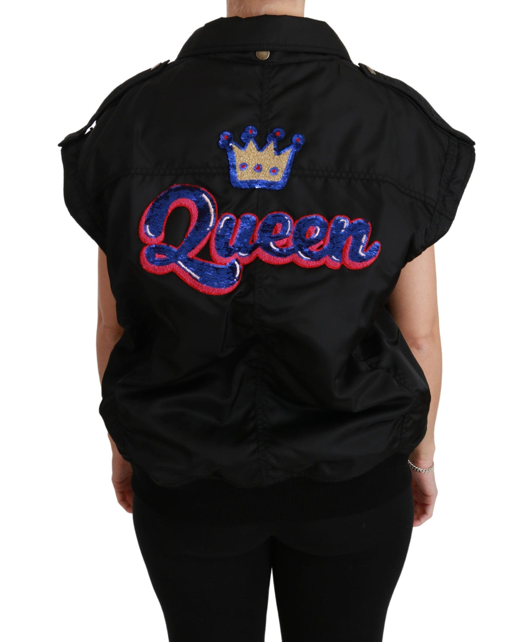 Veste bomber noire Dolce & Gabbana avec couronne de reine brodée de sequins, style élégant et audacieux.