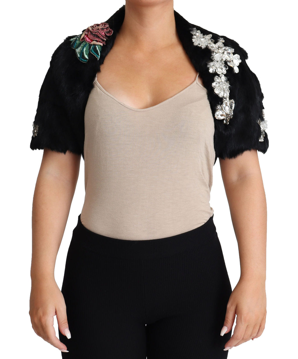 Manteau en fourrure de lapin noir Dolce & Gabbana avec cristaux et sequins, élégant et luxueux.