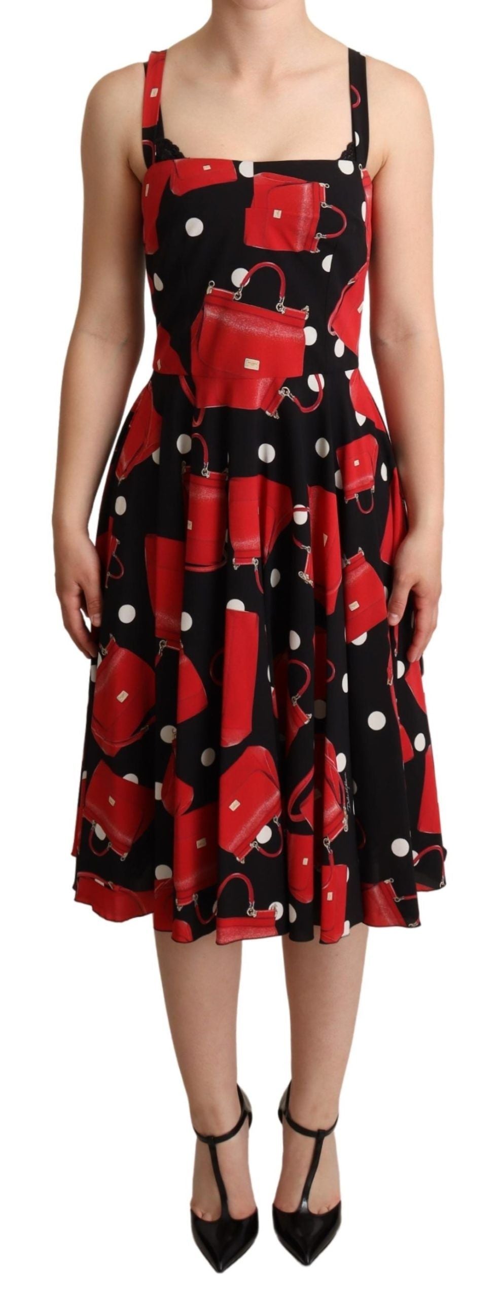 Robe mi-longue Dolce & Gabbana à imprimé rouge et noir, style A-line, en tissu fluide.