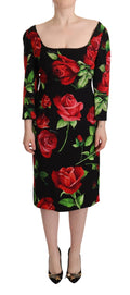 Robe élégante en soie stretch noire et rouge à roses Dolce & Gabbana, coupe ajustée et féminine.