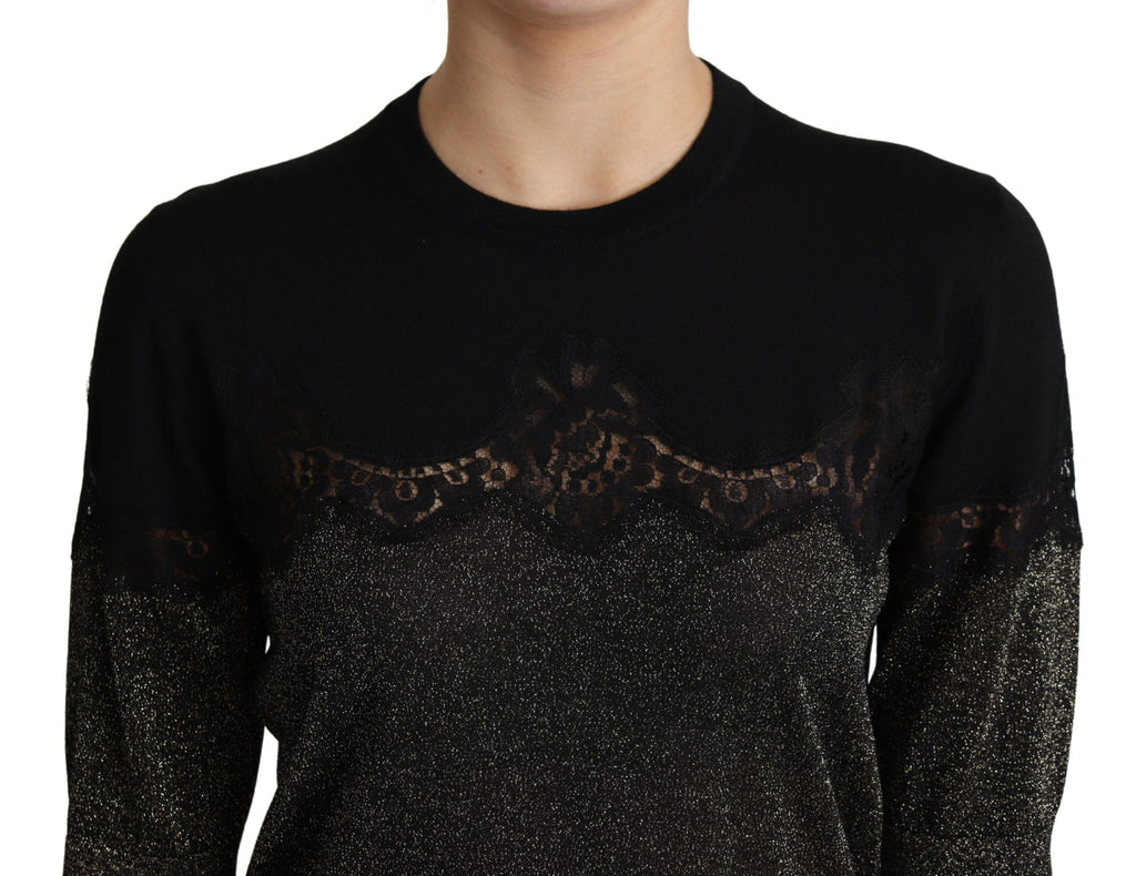 Pull noir en lurex brillant avec insert en dentelle, top Dolce & Gabbana, élégant et moderne, visible de face avec détails en couture.