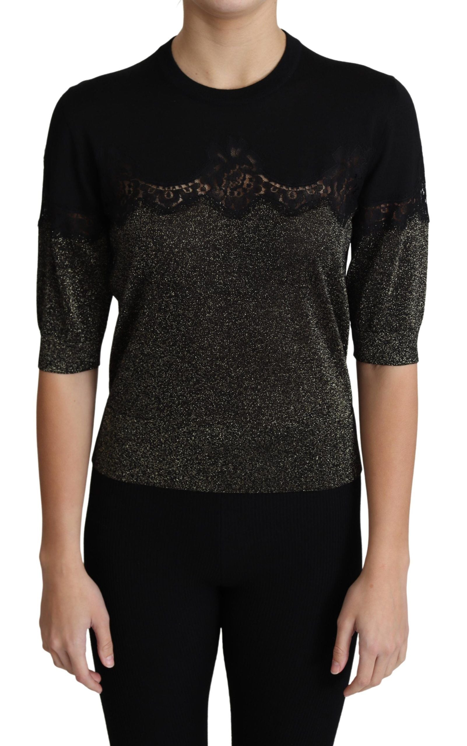 Pull Dolce & Gabbana noir en lurex brillant avec inserts en dentelle, style élégant et sophistiqué, porté en haut.