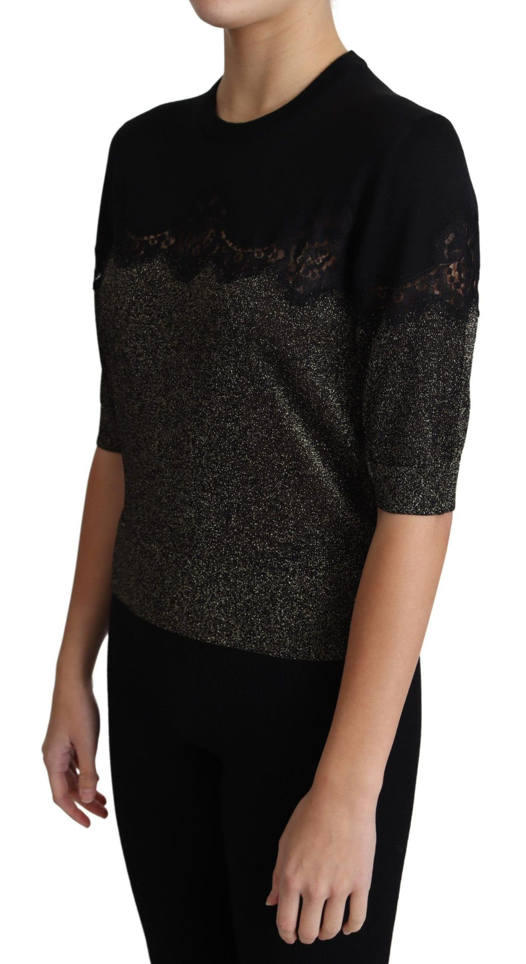 Pull noir en lurex brillant Dolce & Gabbana avec insert en dentelle, vue de face.