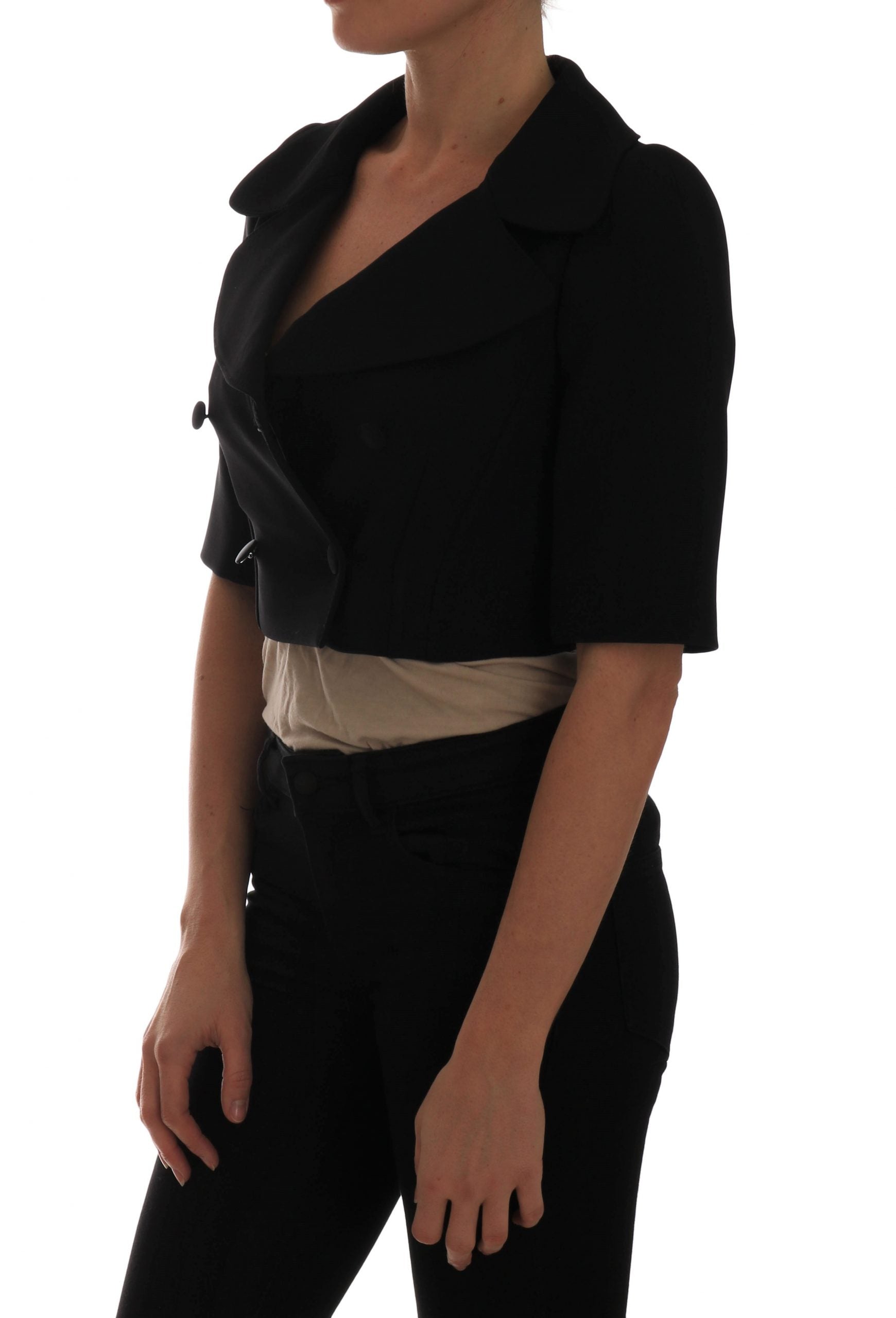 Veste courte noire Dolce & Gabbana, blazer cropped avec col classique, tissu élégant, portée chic et moderne.