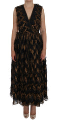 Robe A-line en soie noire et marron avec franges de Dolce & Gabbana, détail élégant et moderne.