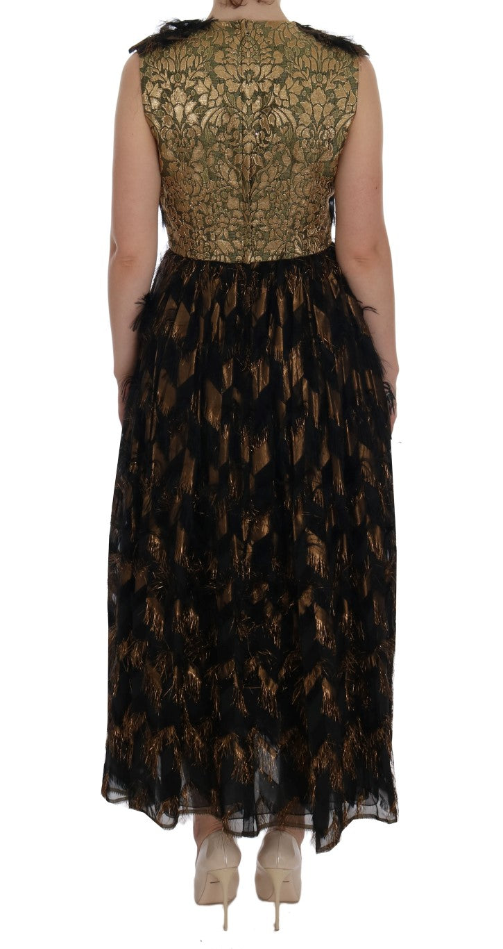 Robe en soie noire de Dolce & Gabbana avec franges brunes et coupe en ligne A, vue de face.