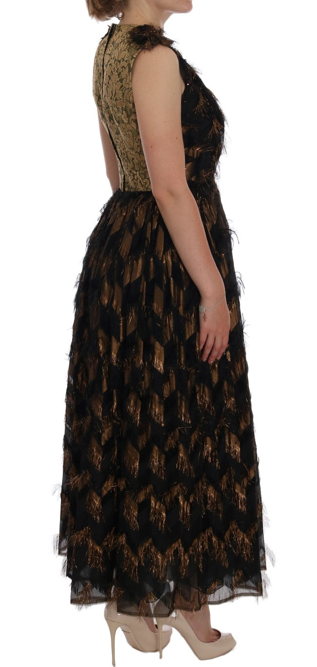 Robe élégante en soie noire et brune avec franges, coupe A-line de Dolce & Gabbana, détails sophistiqués et style chic.
