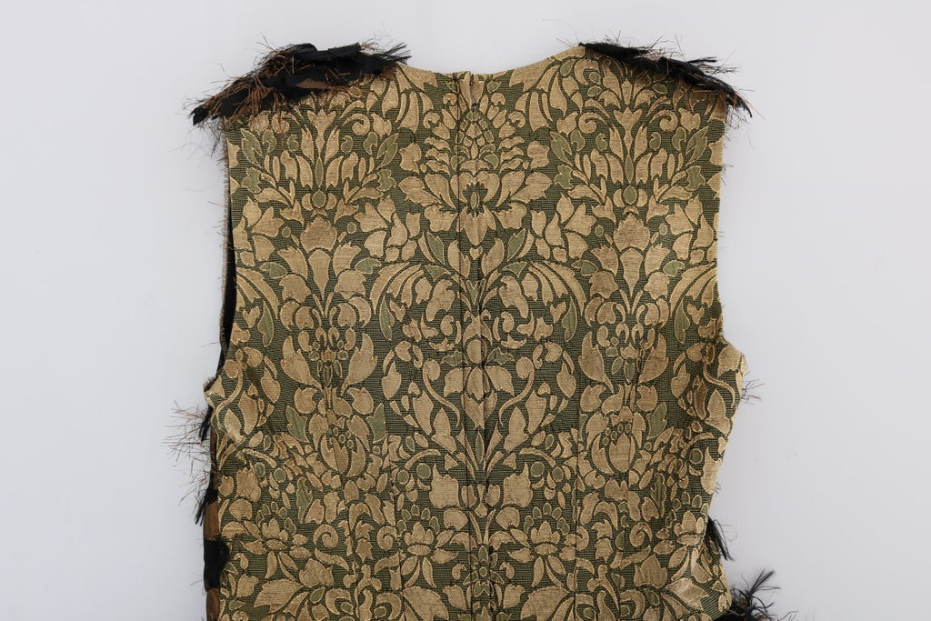 Robe en soie noire de Dolce & Gabbana avec franges marron et coupe évasée A-line, vue en détail.