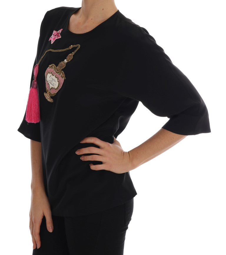 Chemise en soie noire Dolce & Gabbana Fairy Tale avec cristaux, décolleté élégant et détails sophistiqués.