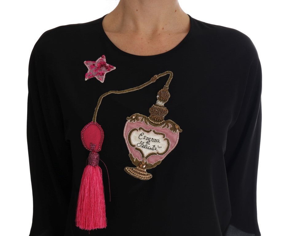 Chemise en soie noire Dolce & Gabbana Fairy Tale Top avec cristaux, élégante blouse à la coupe raffinée et détails brillants.