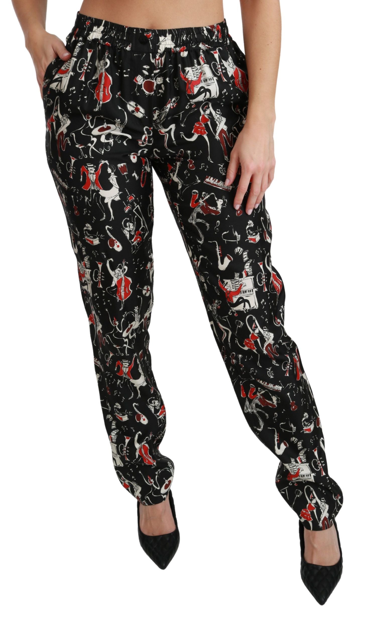 Pantalon noir en soie de taille moyenne Dolce & Gabbana, style instrument, pour femme, visible avec détails élégants.