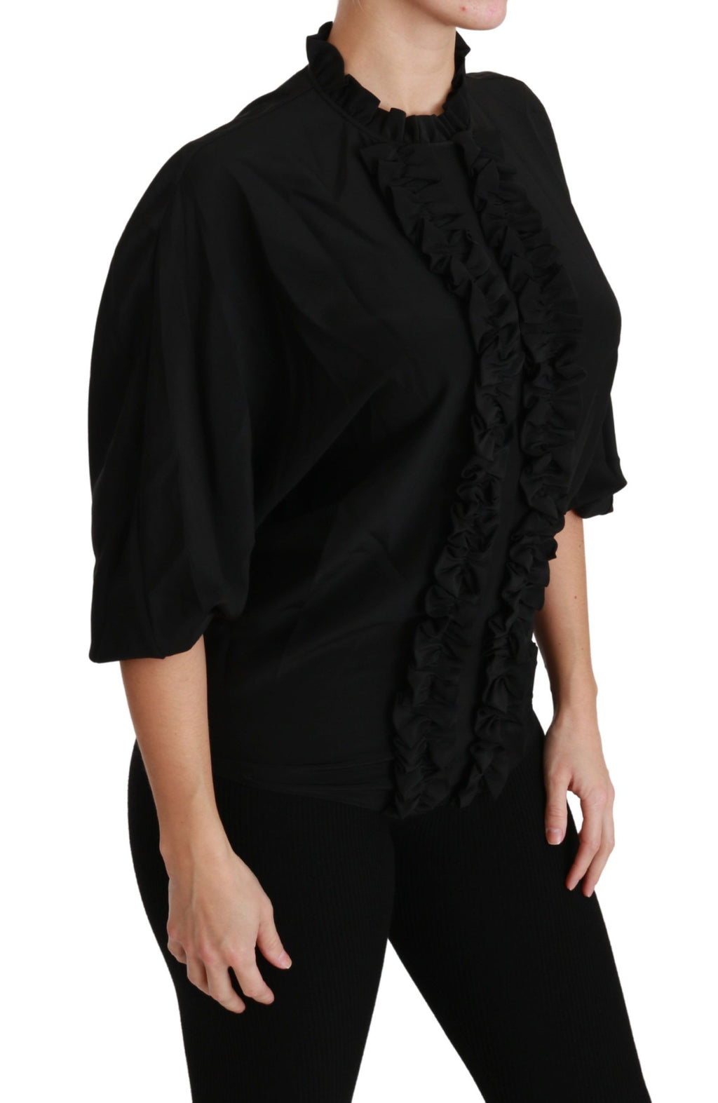 Chemise en soie noire Dolce & Gabbana avec détail plissé et col en ruffles, élégante blouse pour femme.