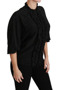 Chemise en soie noire Dolce & Gabbana avec détail plissé et col en ruffles, élégante blouse pour femme.