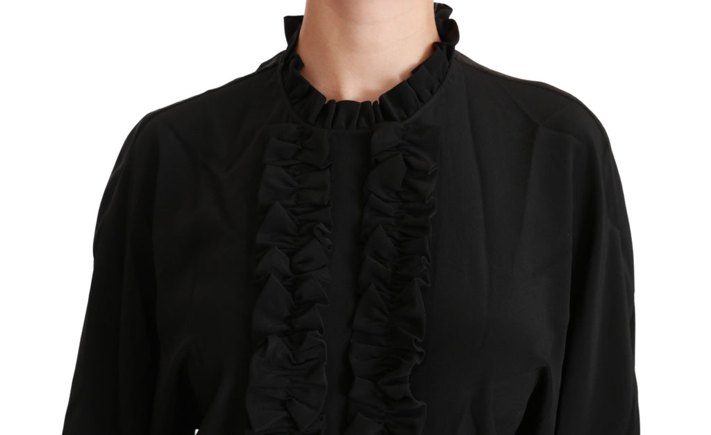 Chemise en soie noire Dolce & Gabbana avec détails plissés et col ruffle, blouse élégante pour femme.