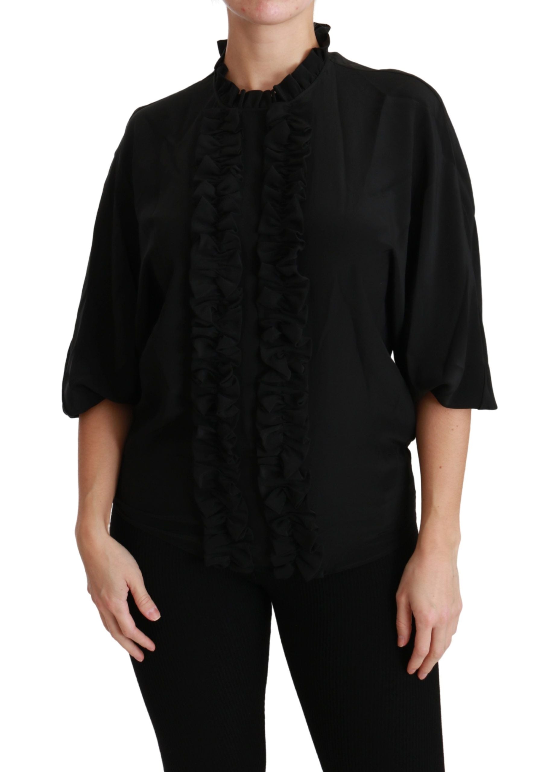 Chemise en soie noire Dolce & Gabbana avec détails plissés et col montant, élégante blouse à manches longues.