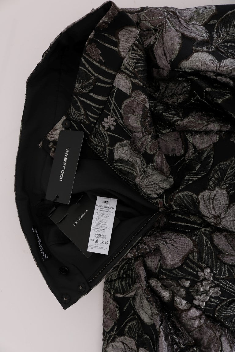 Jupe Dolce & Gabbana en brocart noir et argent avec motifs floraux, élégante et sophistiquée.