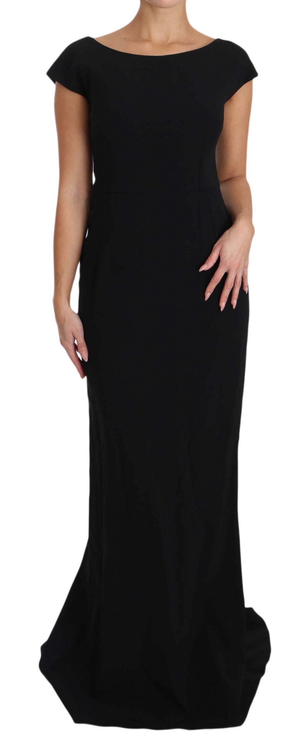 Robe longue noire Dolce & Gabbana à taille stretch et coupe évasée, élégante et fluide, vue de face.