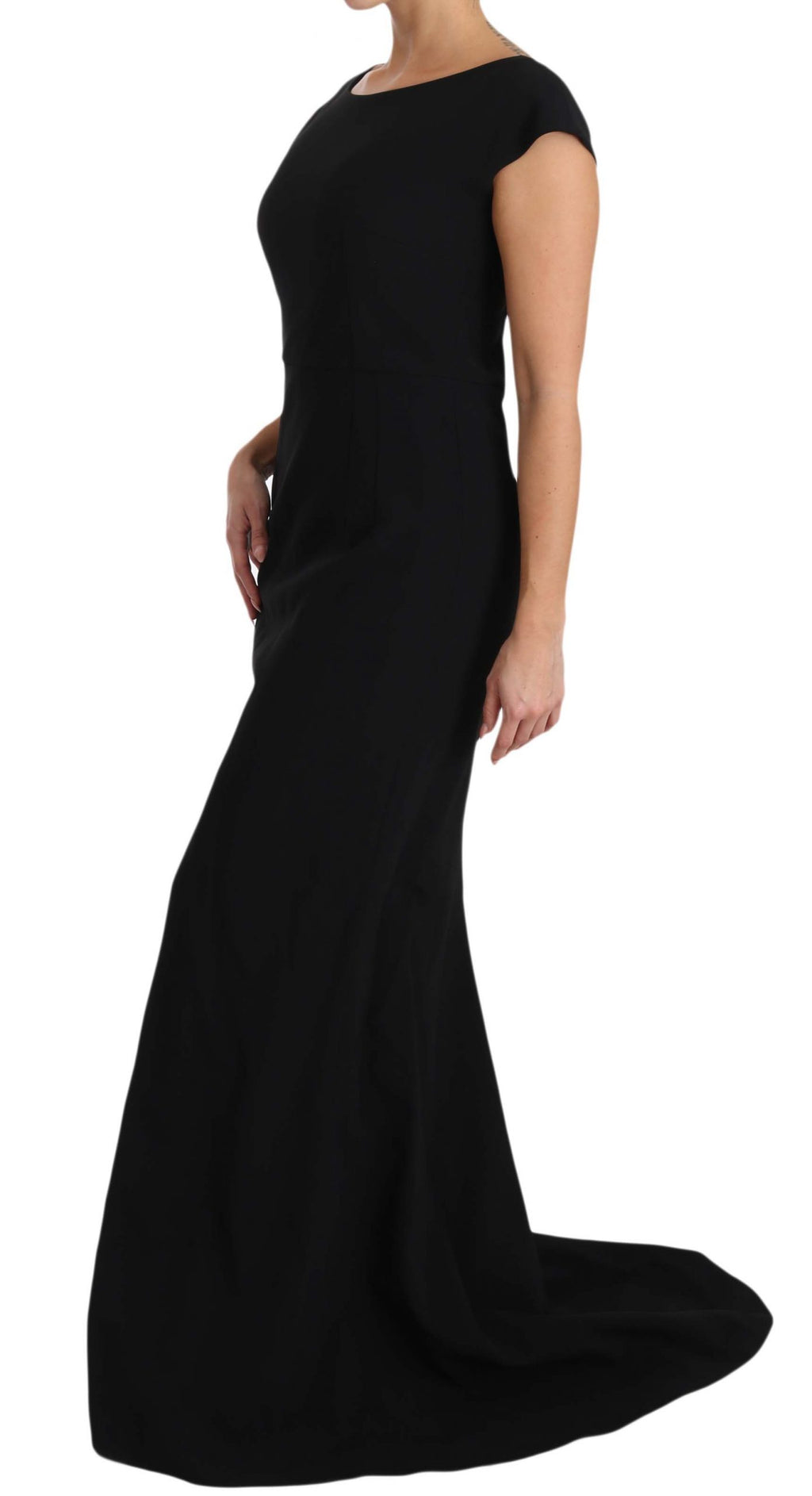 Robe longue noire Dolce & Gabbana, ajustée et évasée, en tissu stretch, élégante et sophistiquée.