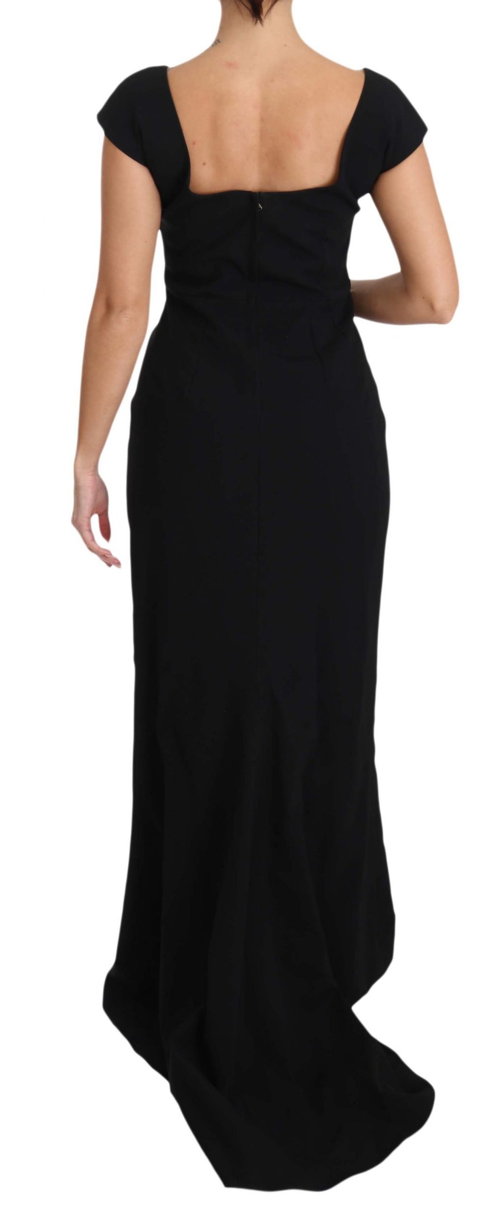 Robe longue Dolce & Gabbana noire, ajustée et évasée, en tissu stretch, élégante et sophistiquée, vue en détail.