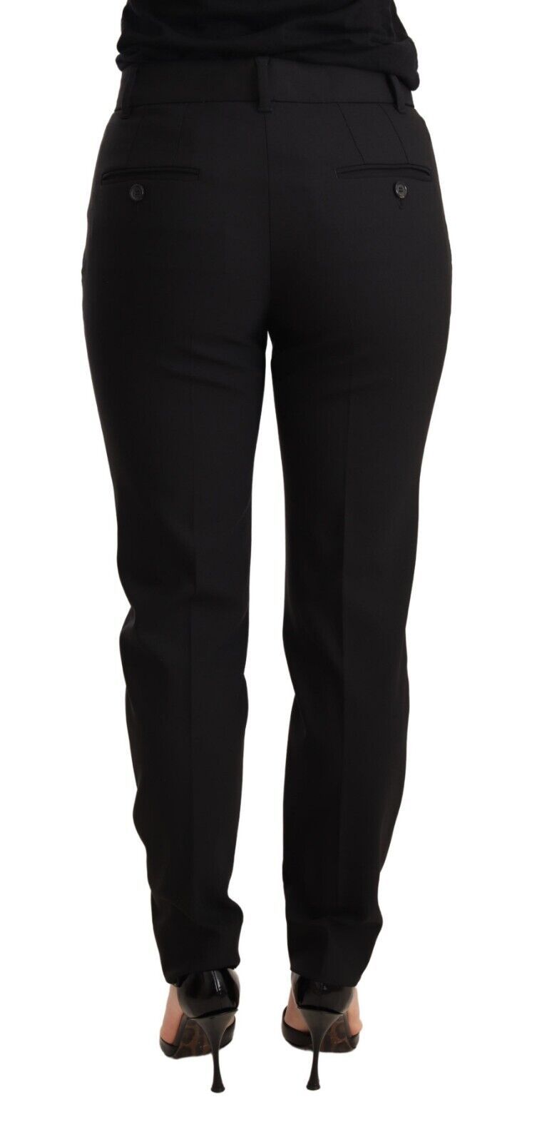 Pantalon pour femme Dolce & Gabbana en laine vierge, coupe tapered noire, mode élégante et sophistiquée visible en image.