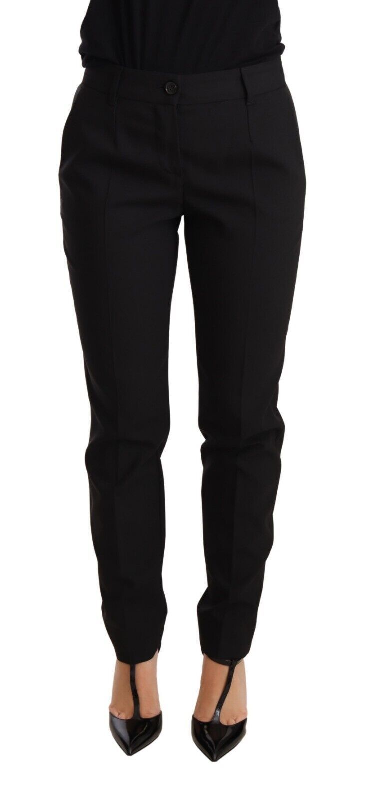 Pantalon pour femmes Dolce & Gabbana en laine vierge, coupe tapered noire, style élégant et moderne.