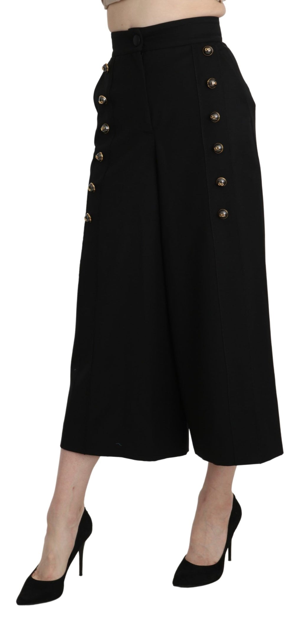 Pantalon large en laine noire Dolce & Gabbana, coupe cropped et taille haute, détails élégants et finition soignée.