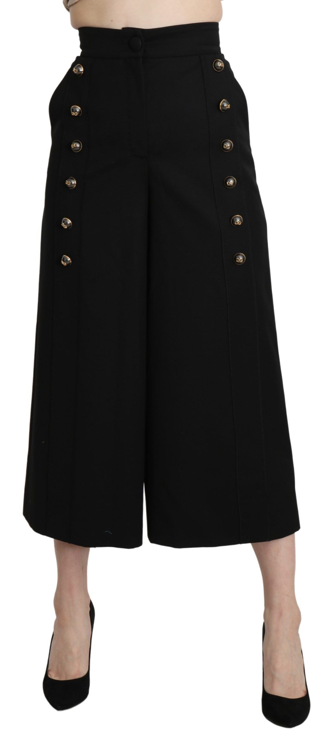 Pantalon large en laine noire Dolce & Gabbana, coupe cropped, pour femme, vue de face.