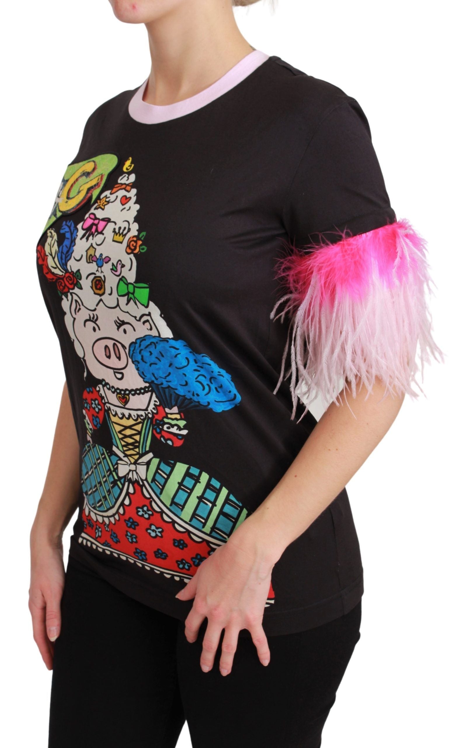 T-shirt noir Dolce & Gabbana année du cochon en coton, design graphique sur le devant, mode casual élégante.