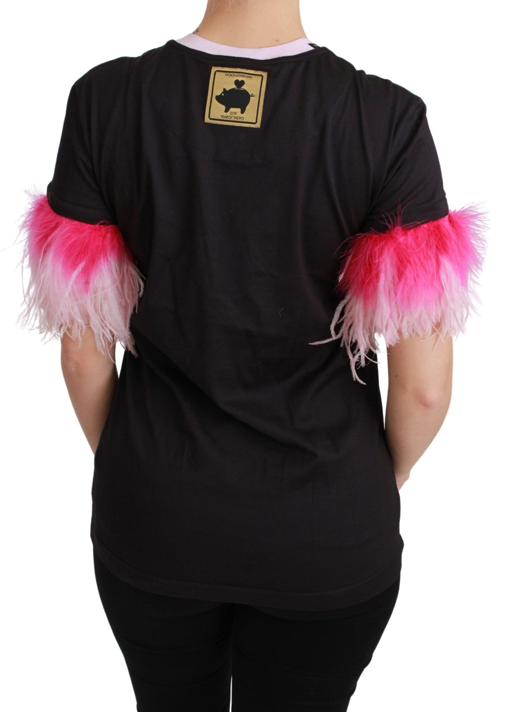 T-shirt noir Dolce & Gabbana Year of the Pig en coton avec motif peint, vue front de la pièce de mode.