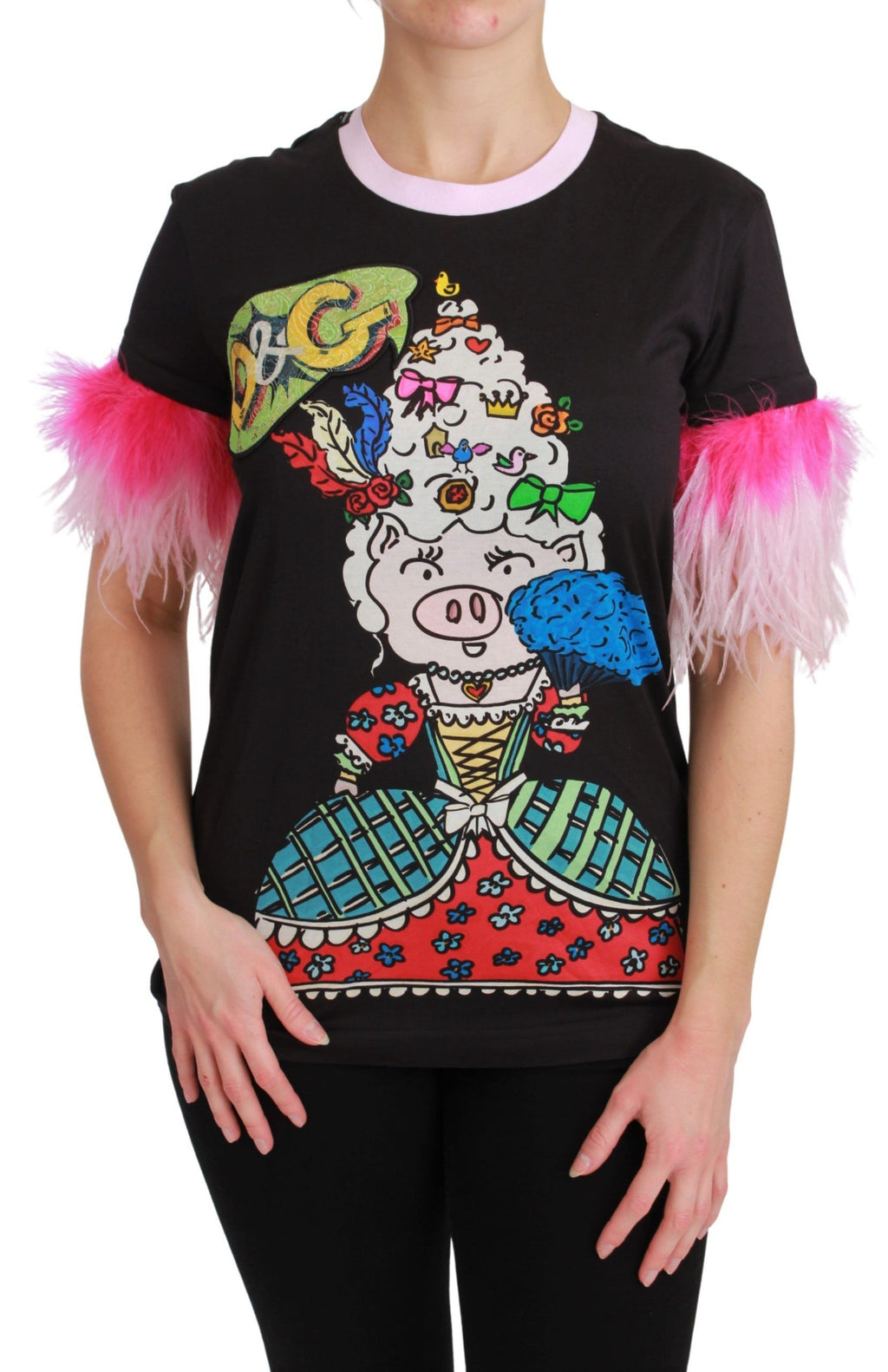 T-shirt en coton noir Dolce & Gabbana Year of the Pig, avec motif graphique visible sur le devant.